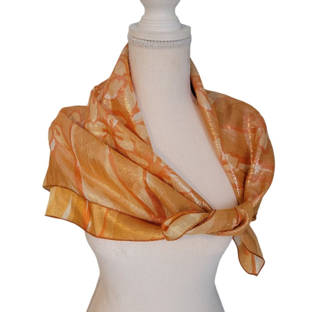 Vintage Glentex Orange Metallic Floral 31 Square Scarf Lightweight Sparkly Japan